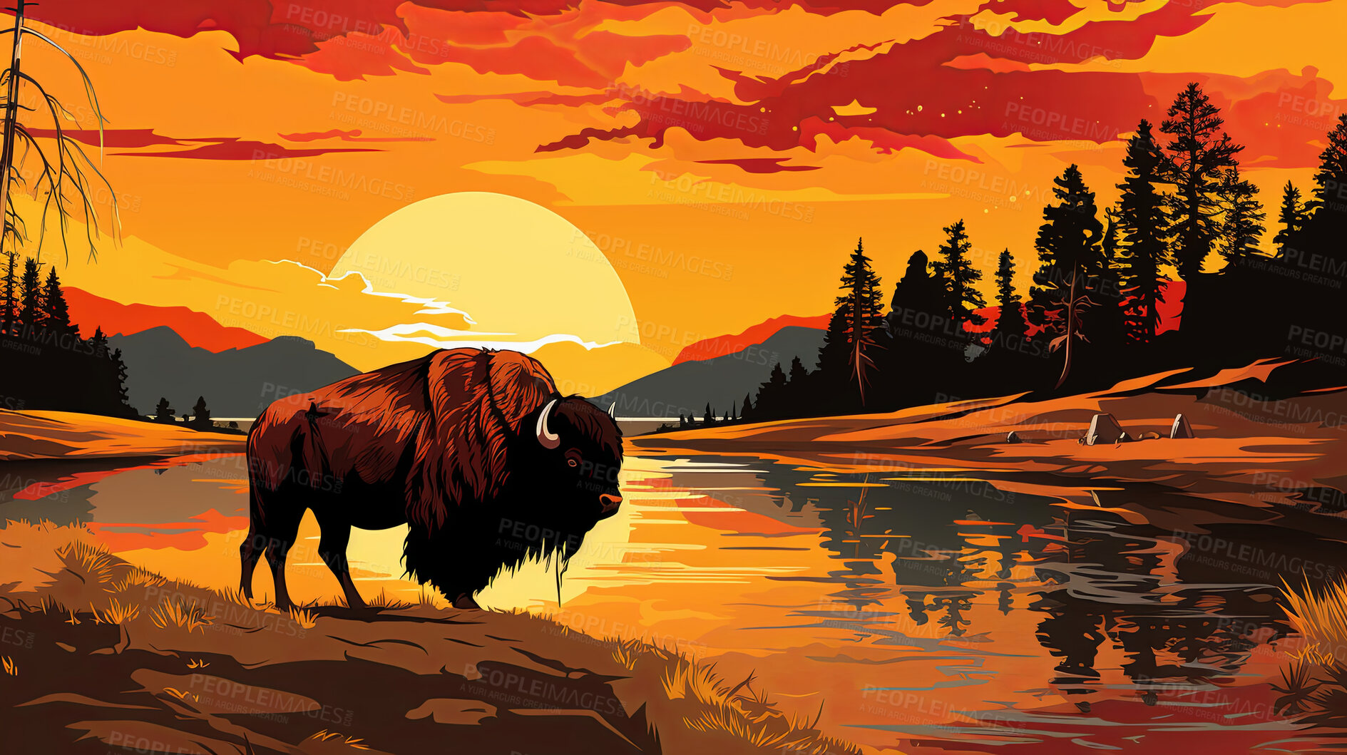 Buy stock photo Illustrated sunset, Buffalo at watering hole. Serene, colorful and nature-inspired scene for art, decor and graphic displays. On a creative canvas with a touch of natural beauty.