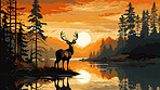 Illustrated sunset, Deer at watering hole. Serene, colorful and nature-inspired scene for art, decor and graphic displays. On a creative canvas with a touch of natural beauty.