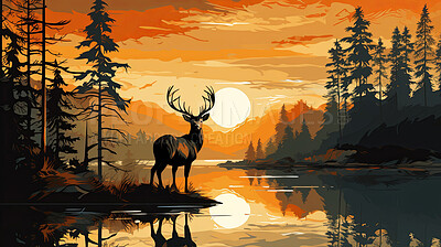 Illustrated sunset, Deer at watering hole. Serene, colorful and nature-inspired scene for art, decor and graphic displays. On a creative canvas with a touch of natural beauty.