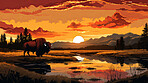 Illustrated sunset, Buffalo at watering hole. Serene, colorful and nature-inspired scene for art, decor and graphic displays. On a creative canvas with a touch of natural beauty.