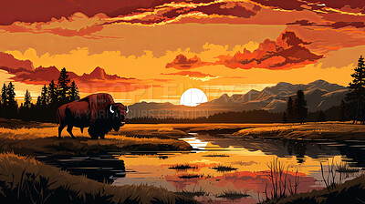 Illustrated sunset, Buffalo at watering hole. Serene, colorful and nature-inspired scene for art, decor and graphic displays. On a creative canvas with a touch of natural beauty.