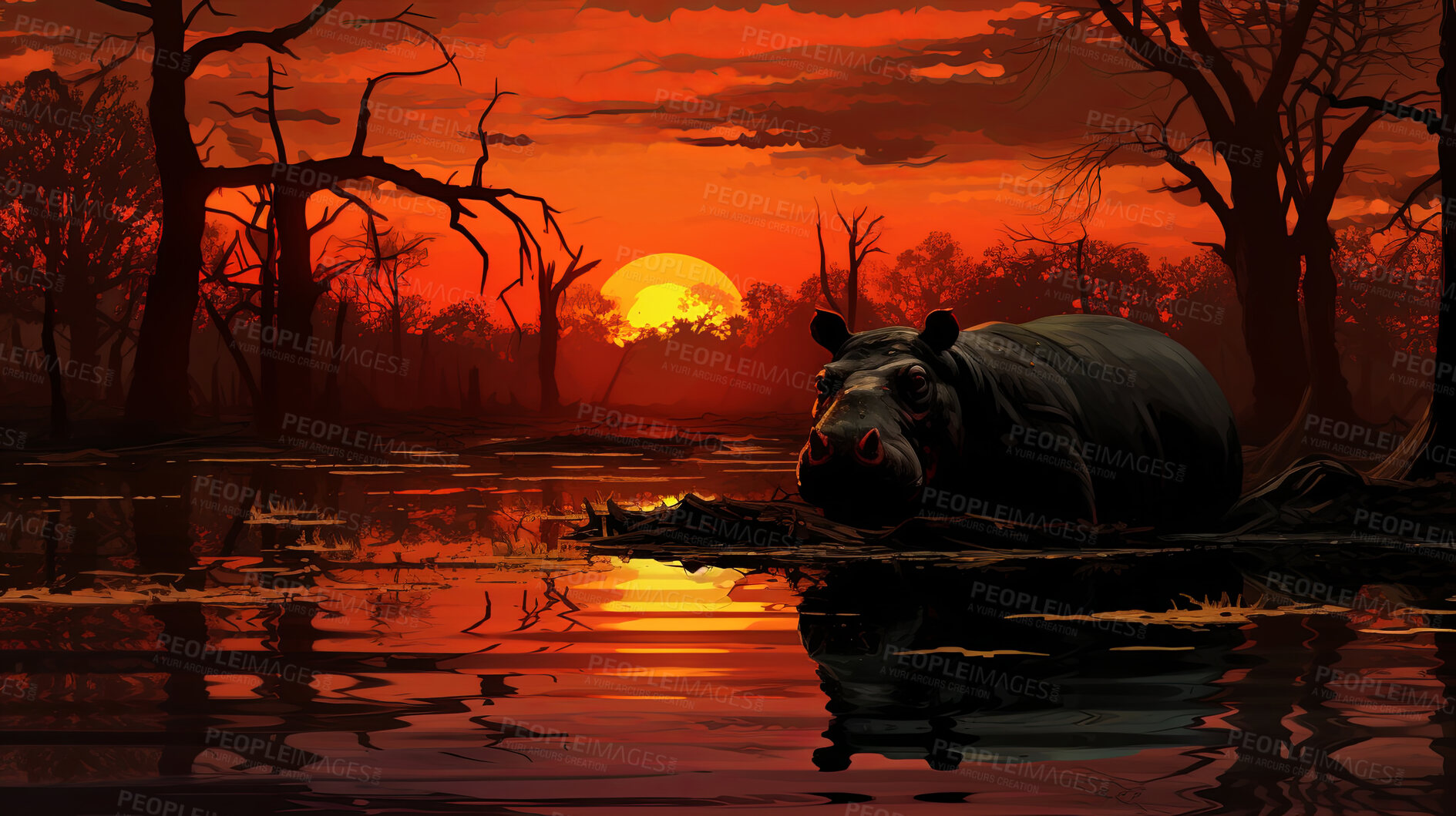 Buy stock photo Illustrated sunset, Hippo at watering hole. Serene, colorful and nature-inspired scene for art, decor and graphic displays. On a creative canvas with a touch of natural beauty.