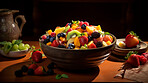 Salad, dessert and mixed fruit bowl with a kitchen background for breakfast, health and diet. Colourful, vibrant and healthy fitness meal or snack for lifestyle, nutrition and organic fresh product