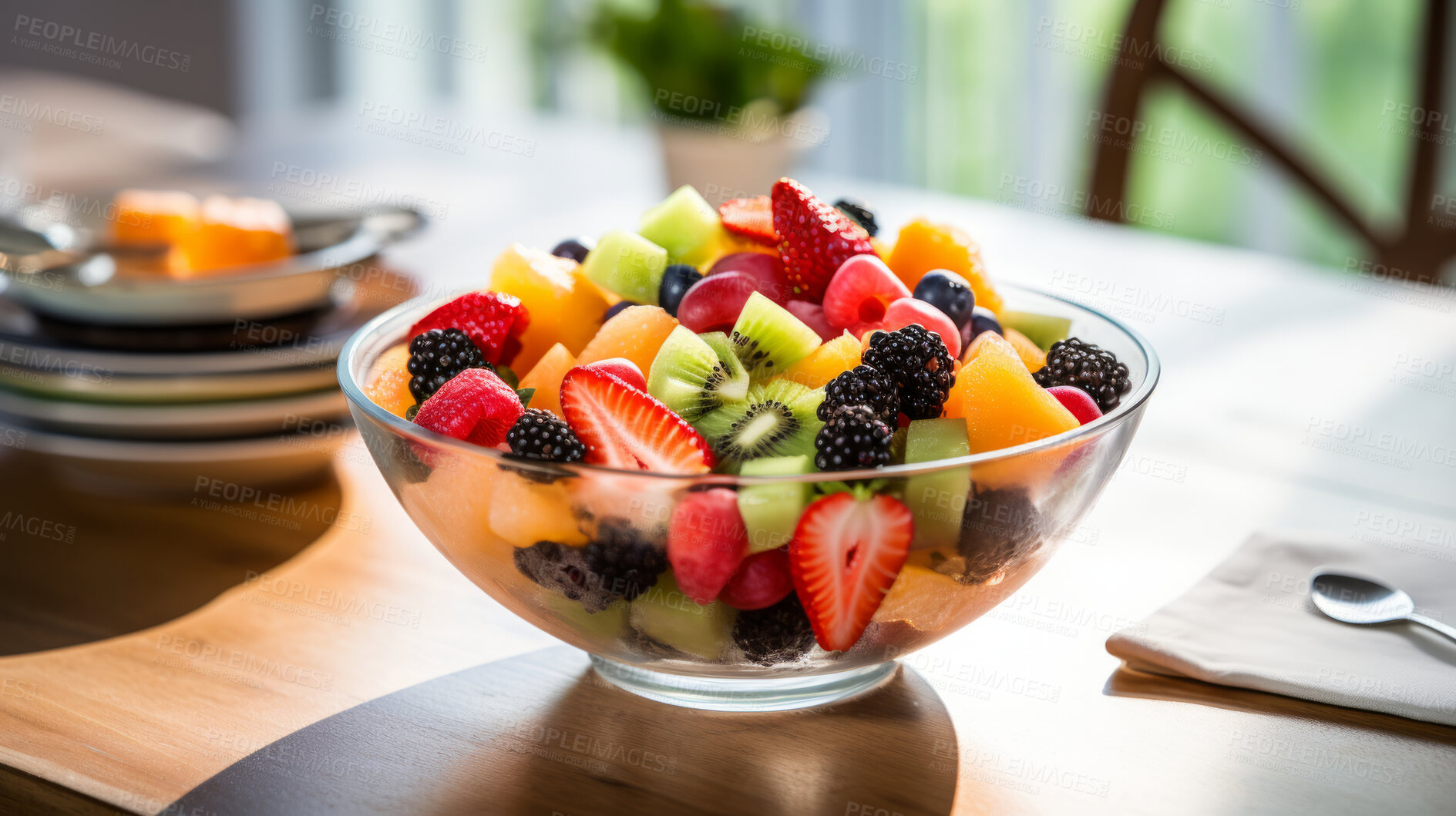 Buy stock photo Salad, dessert and mixed fruit bowl with a kitchen background for breakfast, health and diet. Colourful, vibrant and healthy fitness meal or snack for lifestyle, nutrition and organic fresh product