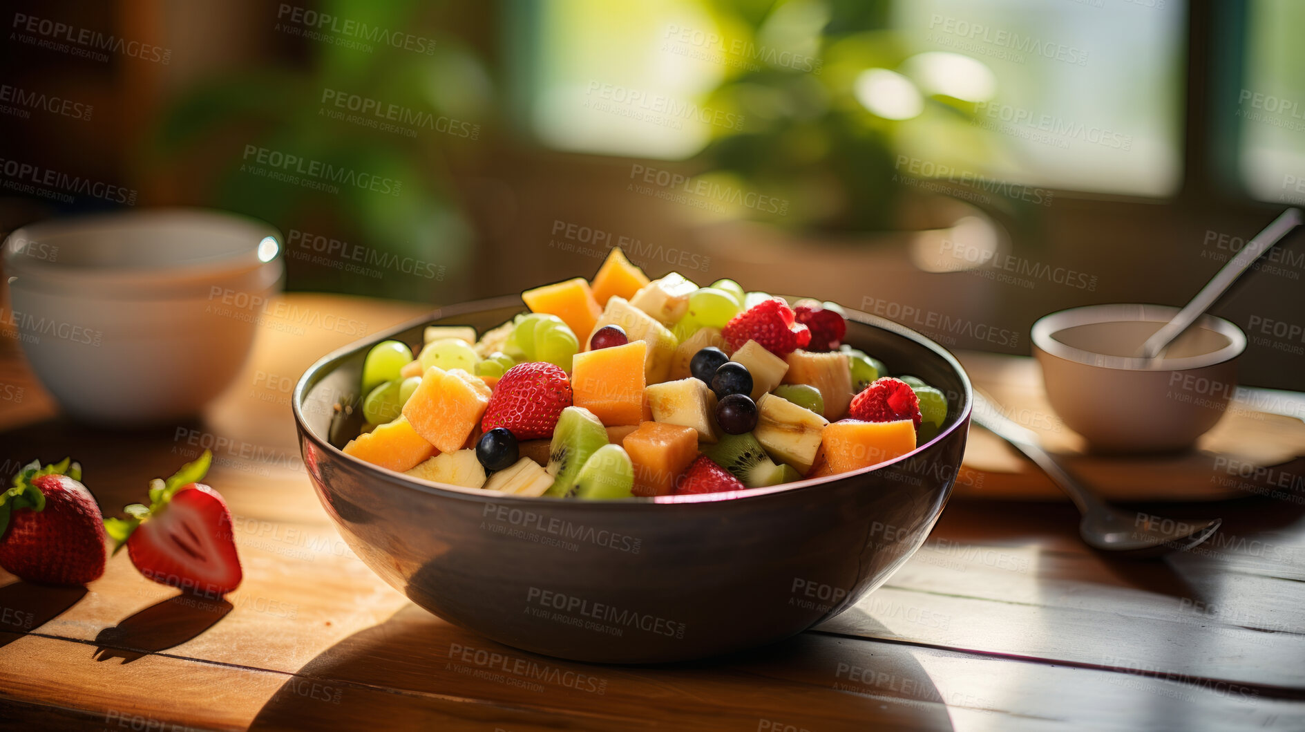 Buy stock photo Salad, dessert and mixed fruit bowl with a kitchen background for breakfast, health and diet. Colourful, vibrant and healthy fitness meal or snack for lifestyle, nutrition and organic fresh product