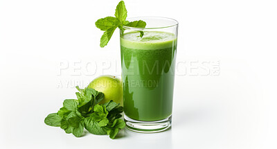 Buy stock photo Natural, green and smoothie with fruit on a white studio background for farming, produce and health diet. Colourful, fresh and tropical healthy fibre food for detox drink, grocery and nutrition