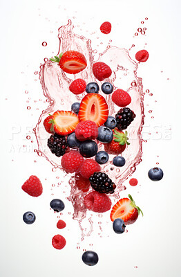 Healthy, natural or mixed berry fruit on white background in studio for farming, produce and lifestyle. Fresh, food or health mockup for farm, diet and agriculture with juice droplets for smoothie