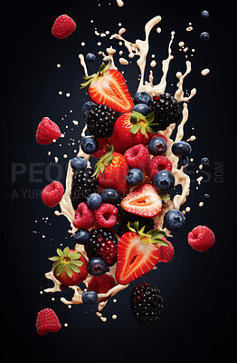 Healthy, natural or mixed berry fruit on black background in studio for farming, produce and lifestyle. Fresh, food or health mockup for eco farm, diet and agriculture with milk droplets for smoothie