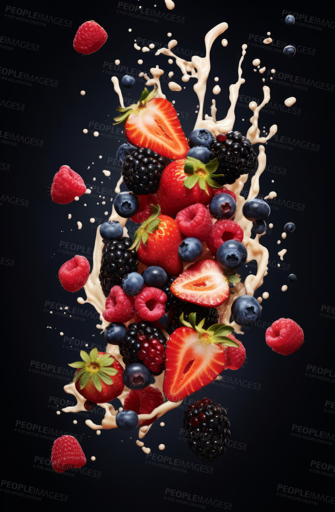 Buy stock photo Healthy, natural or mixed berry fruit on black background in studio for farming, produce and lifestyle. Fresh, food or health mockup for eco farm, diet and agriculture with milk droplets for smoothie