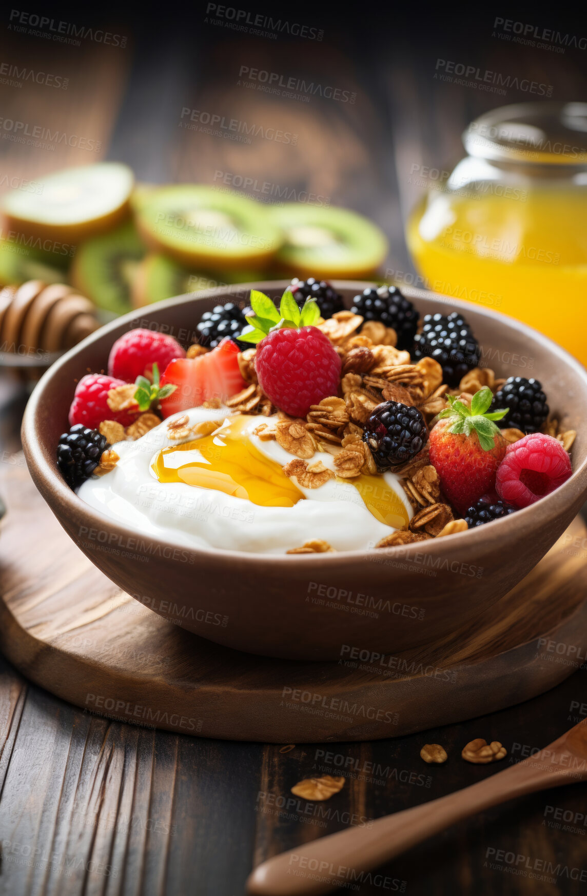 Buy stock photo Yoghurt, muesli and mixed fruit bowl with a kitchen background for breakfast, health and diet. Colourful, vibrant and healthy fitness meal or snack for lifestyle, nutrition and organic dairy product