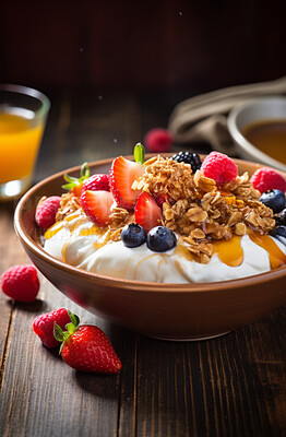 Yoghurt, muesli and mixed fruit bowl with a kitchen background for breakfast, health and diet. Colourful, vibrant and healthy fitness meal or snack for lifestyle, nutrition and organic dairy product