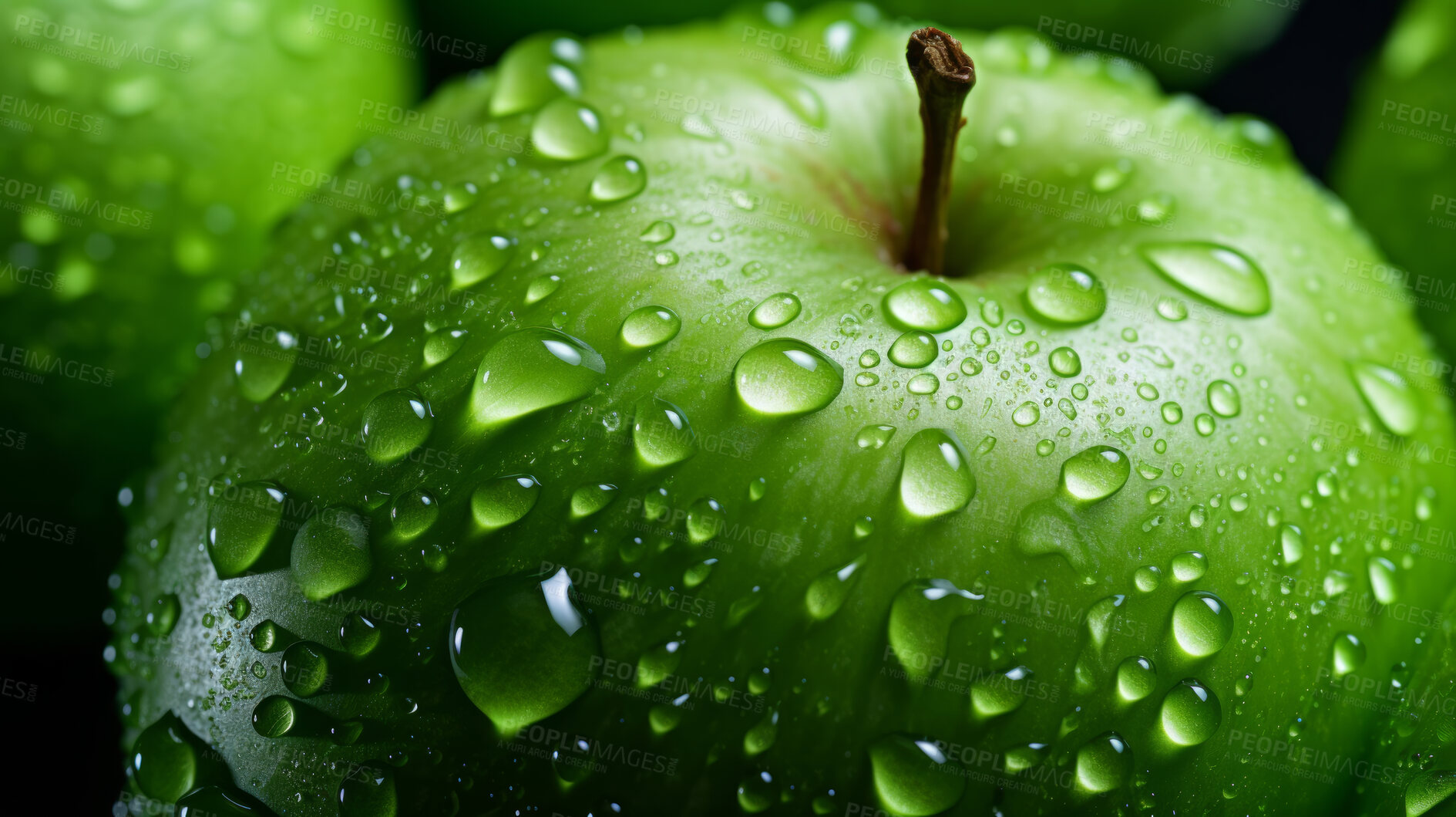 Buy stock photo Healthy, natural and apple fruit on black background in studio for farming, produce and lifestyle. Fresh, summer food and health snack mockup for eco farm, fibre diet and agriculture with droplets