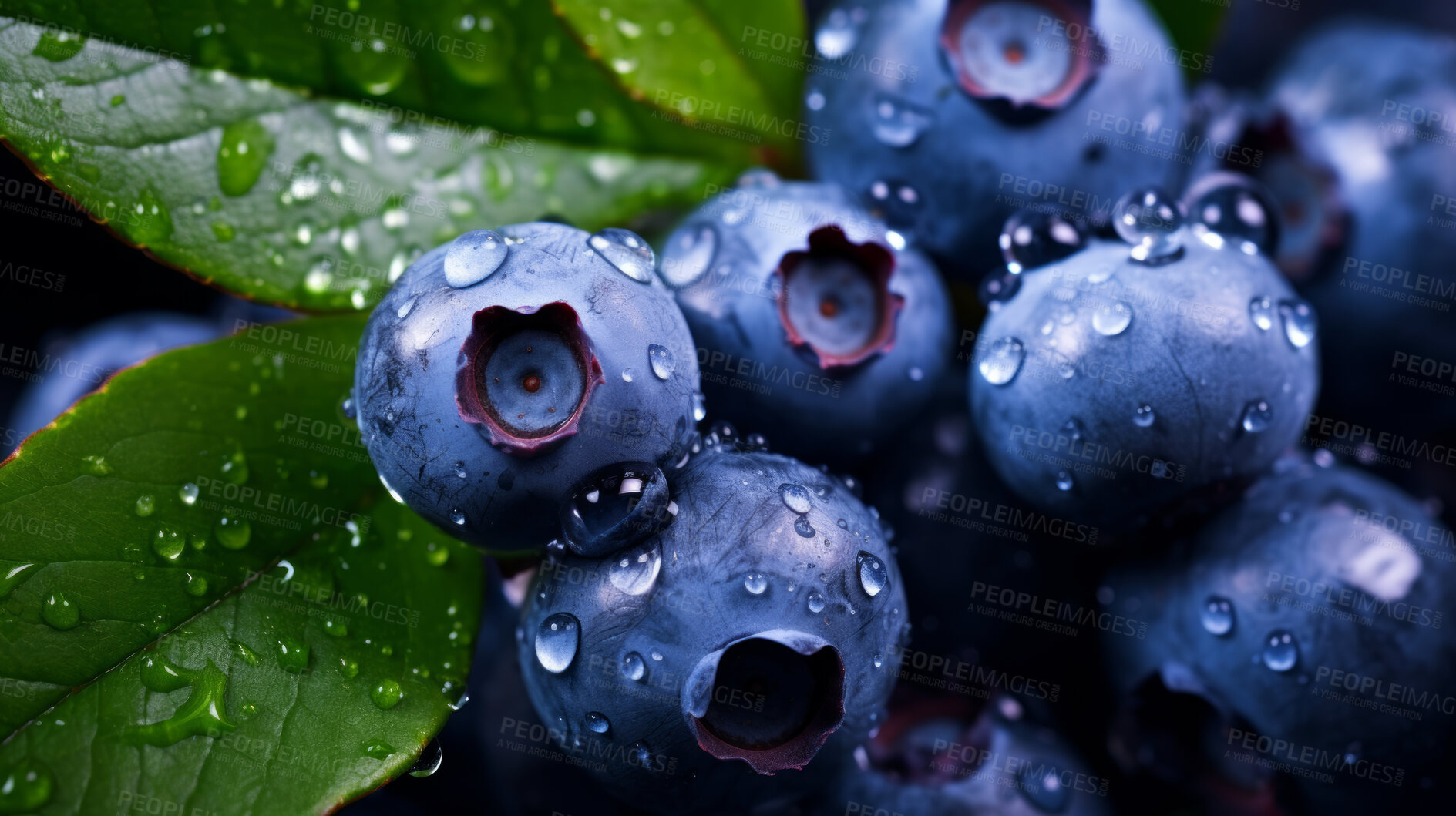 Buy stock photo Healthy, natural and blueberry fruit on black background in studio for farming, produce and lifestyle. Fresh, summer food and health snack mockup for farm, fibre diet and agriculture with droplets