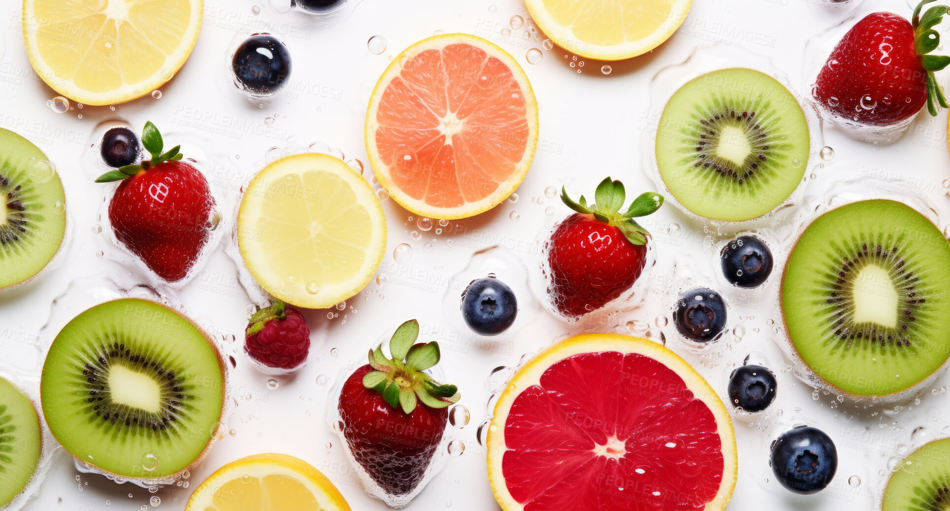 Buy stock photo Natural, organic and mixed fruits on a white studio background for farming, produce and health diet. Colourful, fresh and sliced tropical healthy fibre food for smoothie, grocery and nutrition