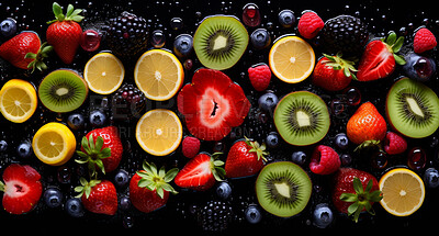 Natural, organic and mixed fruits on a black studio background for farming, produce and health diet. Colourful, fresh and sliced tropical healthy fibre food for smoothie, grocery and nutrition