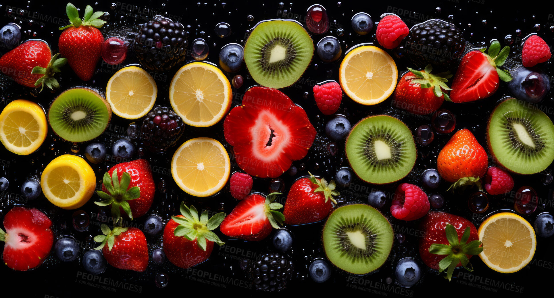 Buy stock photo Natural, organic and mixed fruits on a black studio background for farming, produce and health diet. Colourful, fresh and sliced tropical healthy fibre food for smoothie, grocery and nutrition