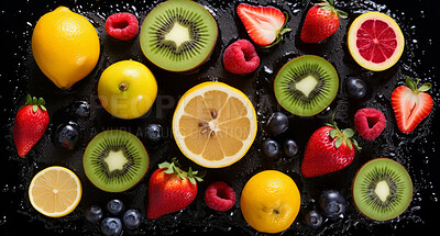 Natural, organic and mixed fruits on a black studio background for farming, produce and health diet. Colourful, fresh and sliced tropical healthy fibre food for smoothie, grocery and nutrition