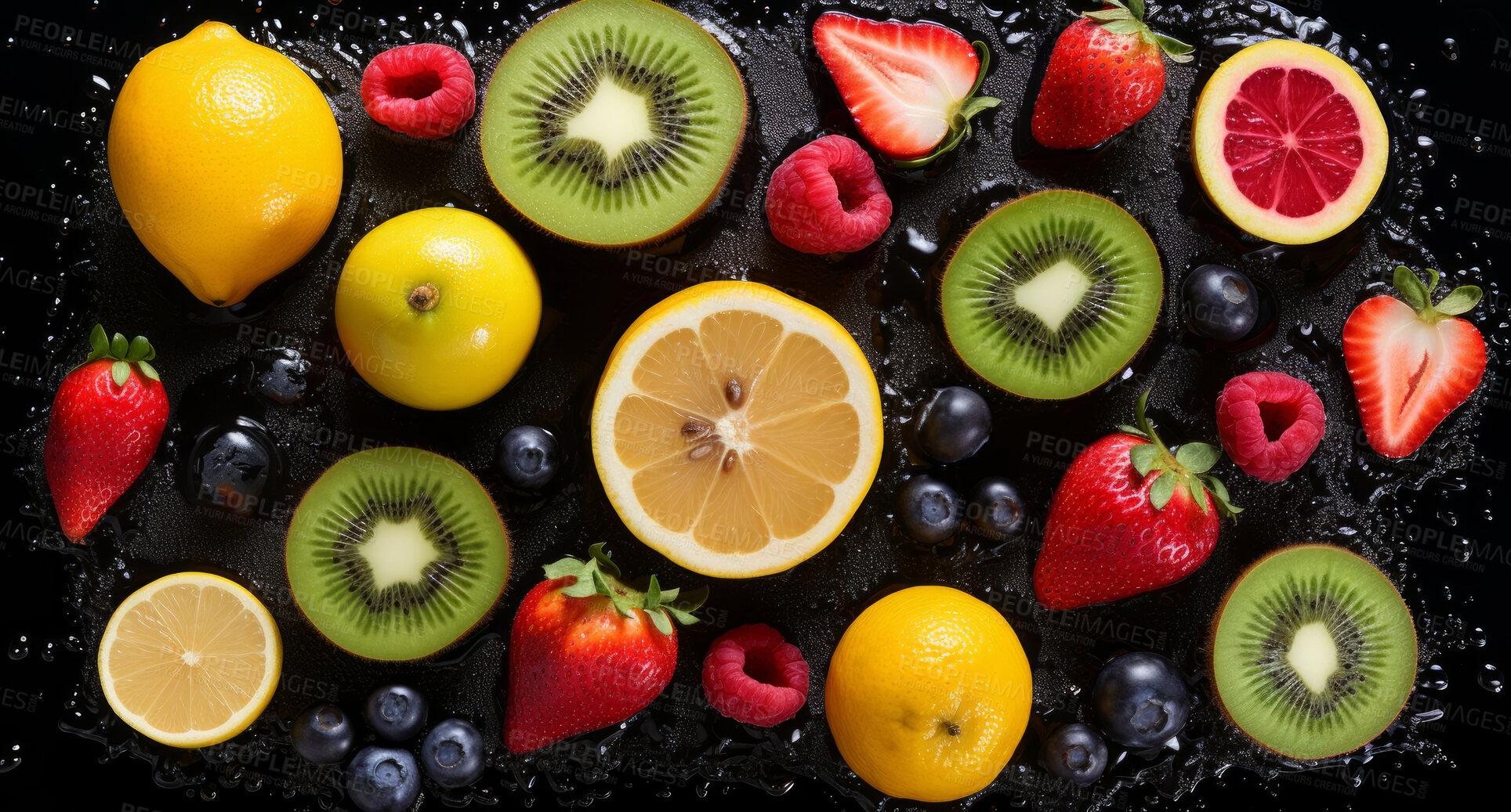 Buy stock photo Natural, organic and mixed fruits on a black studio background for farming, produce and health diet. Colourful, fresh and sliced tropical healthy fibre food for smoothie, grocery and nutrition