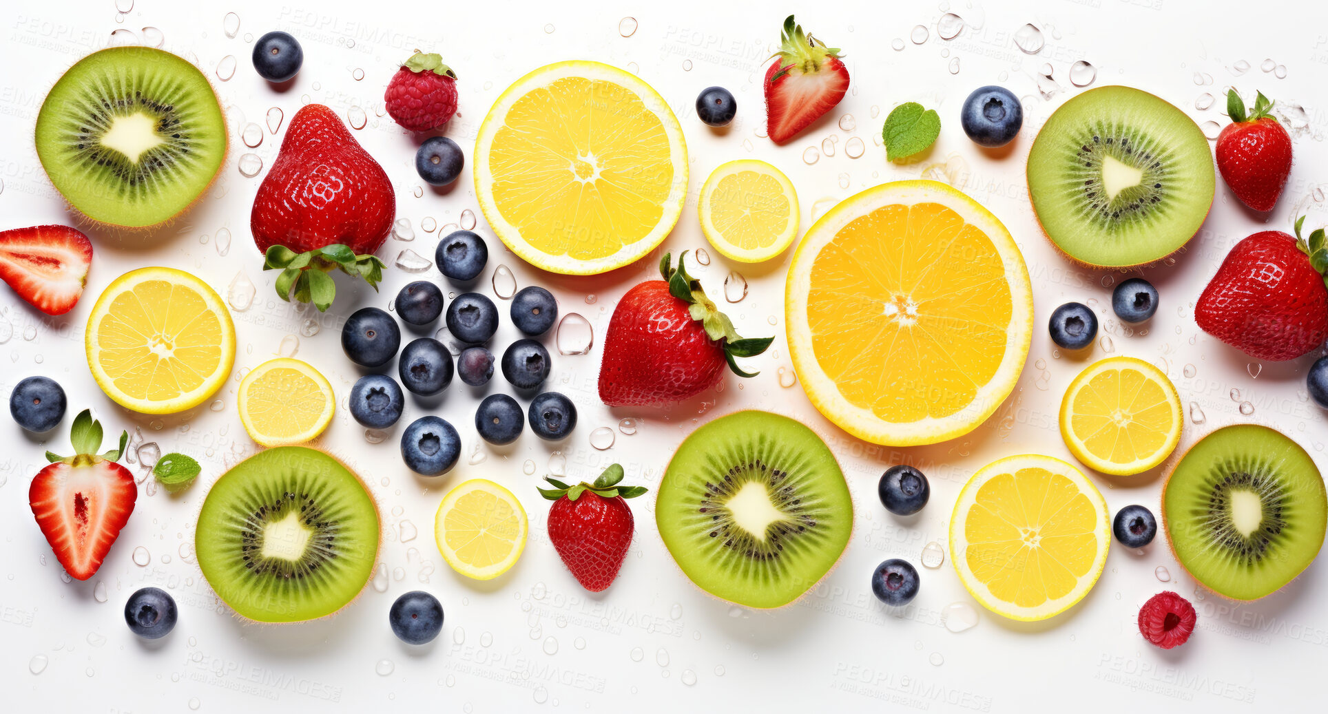 Buy stock photo Natural, organic and mixed fruits on a white studio background for farming, produce and health diet. Colourful, fresh and sliced tropical healthy fibre food for smoothie, grocery and nutrition