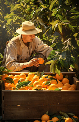 Farm, oranges and farmer harvesting fresh healthy fruit for agriculture, business and produce. Natural, organic, and vibrant citrus in a crate for growth, crops and eco friendly farming environment