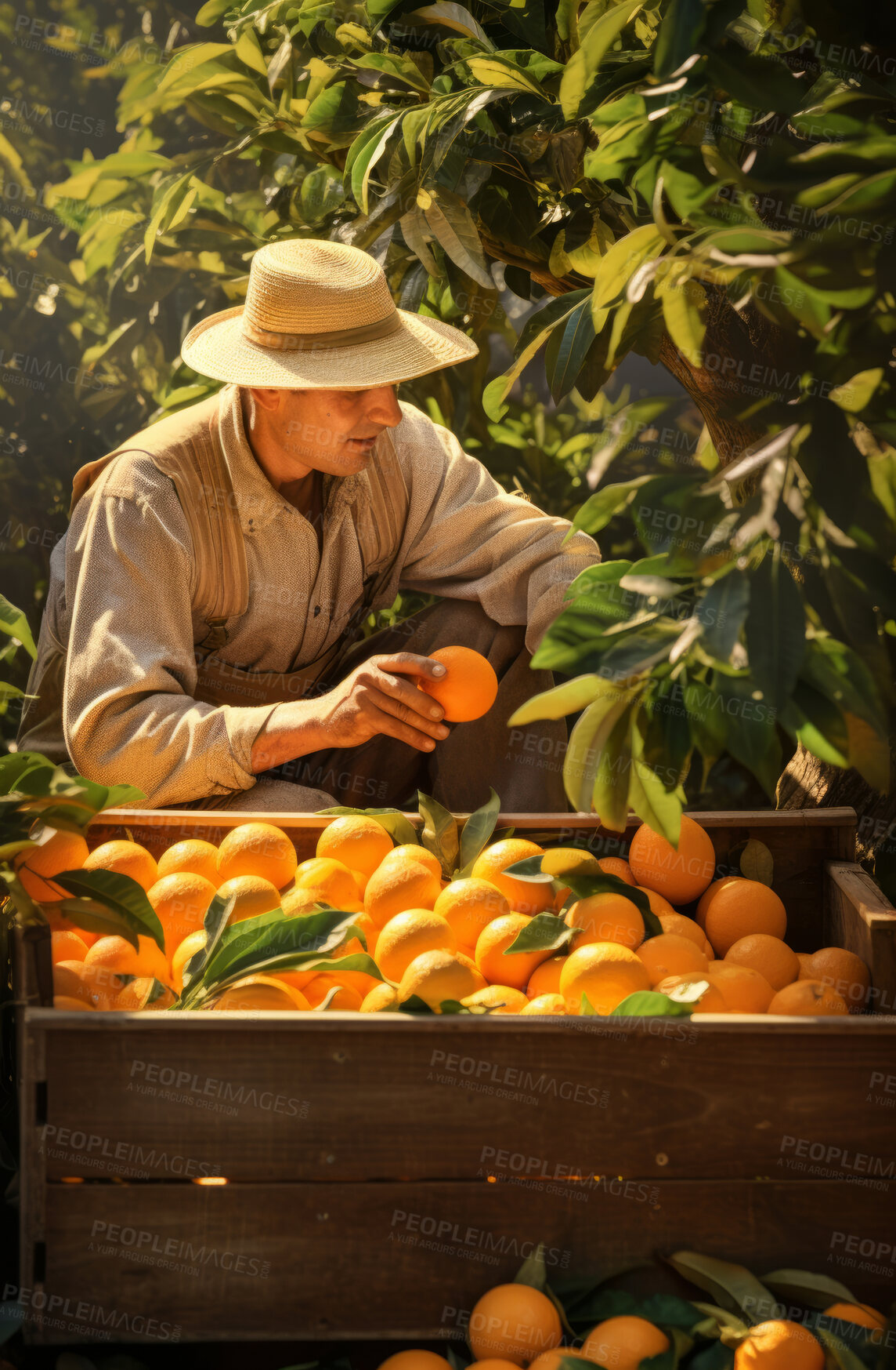 Buy stock photo Farm, oranges and farmer harvesting fresh healthy fruit for agriculture, business and produce. Natural, organic, and vibrant citrus in a crate for growth, crops and eco friendly farming environment