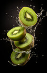 Healthy, natural or kiwi fruit juice on a black background in studio for farming, produce and lifestyle. Fresh, summer drink or health mockup for eco farm, diet and agriculture with water droplets