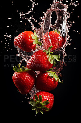 Healthy, natural or strawberry fruit juice on a black background in studio for farming, produce and lifestyle. Fresh, summer drink or health mockup for eco farm, diet and agriculture with droplets