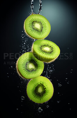 Healthy, natural or kiwi fruit juice on a black background in studio for farming, produce and lifestyle. Fresh, summer drink or health mockup for eco farm, diet and agriculture with water droplets