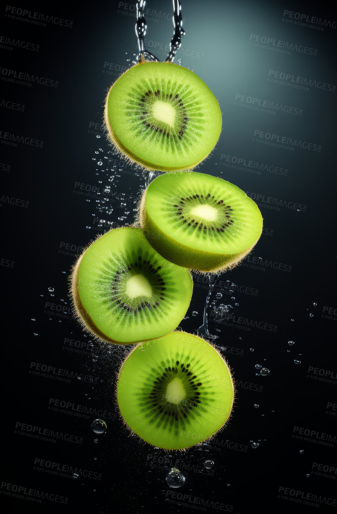 Buy stock photo Healthy, natural or kiwi fruit juice on a black background in studio for farming, produce and lifestyle. Fresh, summer drink or health mockup for eco farm, diet and agriculture with water droplets