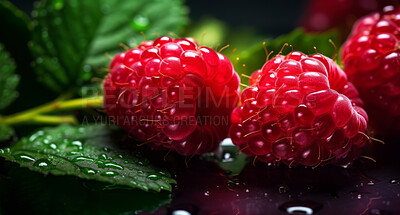 Buy stock photo Healthy, natural or fresh raspberry fruit closeup on a black background in studio for farming, produce and lifestyle. Fresh, summer food or health snack mockup for eco farm, diet and agriculture