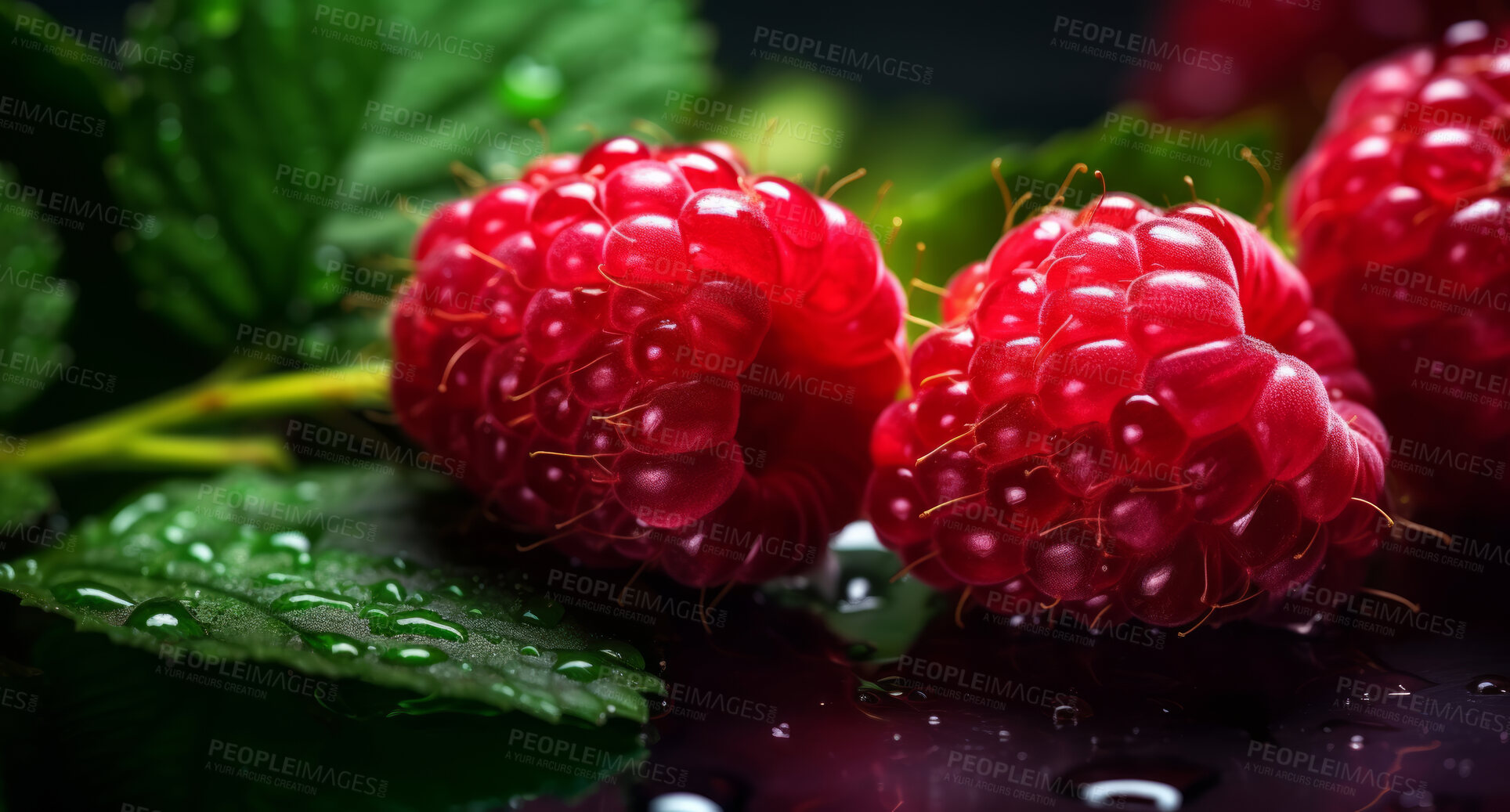 Buy stock photo Healthy, natural or fresh raspberry fruit closeup on a black background in studio for farming, produce and lifestyle. Fresh, summer food or health snack mockup for eco farm, diet and agriculture