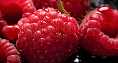 Healthy, natural or fresh raspberry fruit closeup on a black background in studio for farming, produce and lifestyle. Fresh, summer food or health snack mockup for eco farm, diet and agriculture