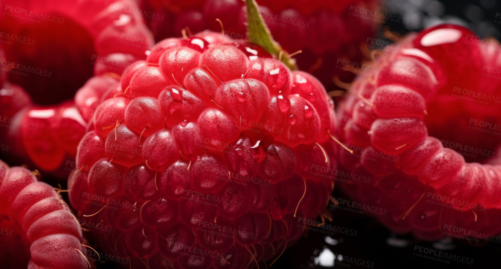 Buy stock photo Healthy, natural or fresh raspberry fruit closeup on a black background in studio for farming, produce and lifestyle. Fresh, summer food or health snack mockup for eco farm, diet and agriculture