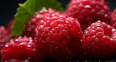 Buy stock photo Healthy, natural or fresh raspberry fruit closeup on a black background in studio for farming, produce and lifestyle. Fresh, summer food or health snack mockup for eco farm, diet and agriculture