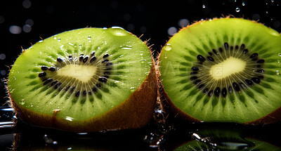 Healthy, natural or kiwi fruit on a black background in studio for farming, produce and lifestyle. Fresh, summer food or sliced health snack mockup for eco farm, diet and agriculture with droplets