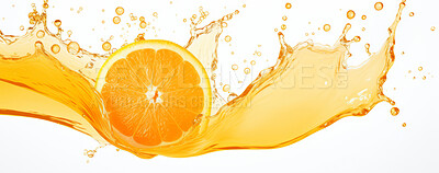 Buy stock photo Healthy, natural or orange fruit juice on a white background in studio for farming, produce and lifestyle. Fresh, summer drink or health mockup for eco farm, diet and agriculture with droplets