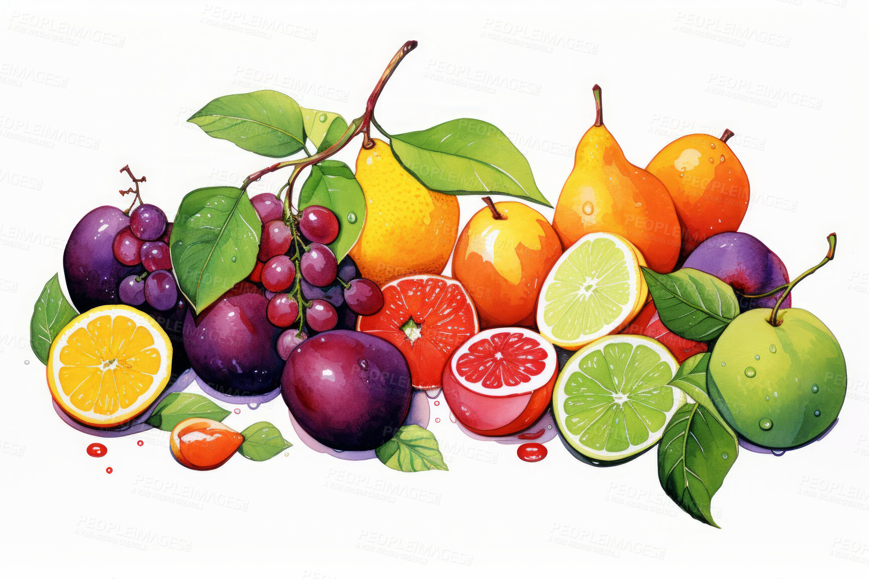 Buy stock photo Natural, organic and mixed fruits on a white studio background for farming, produce and health diet. Colourful, fresh and tropical healthy fibre food for smoothie, grocery and nutritional collection