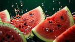 Healthy, natural or watermelon fruit on a black background in studio for farming, produce and lifestyle. Fresh, summer food or sliced health mockup for eco farm, diet and agriculture with droplets