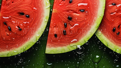 Healthy, natural or watermelon fruit on a green background in studio for farming, produce and lifestyle. Fresh, summer food or sliced health mockup for eco farm, diet and agriculture with droplets