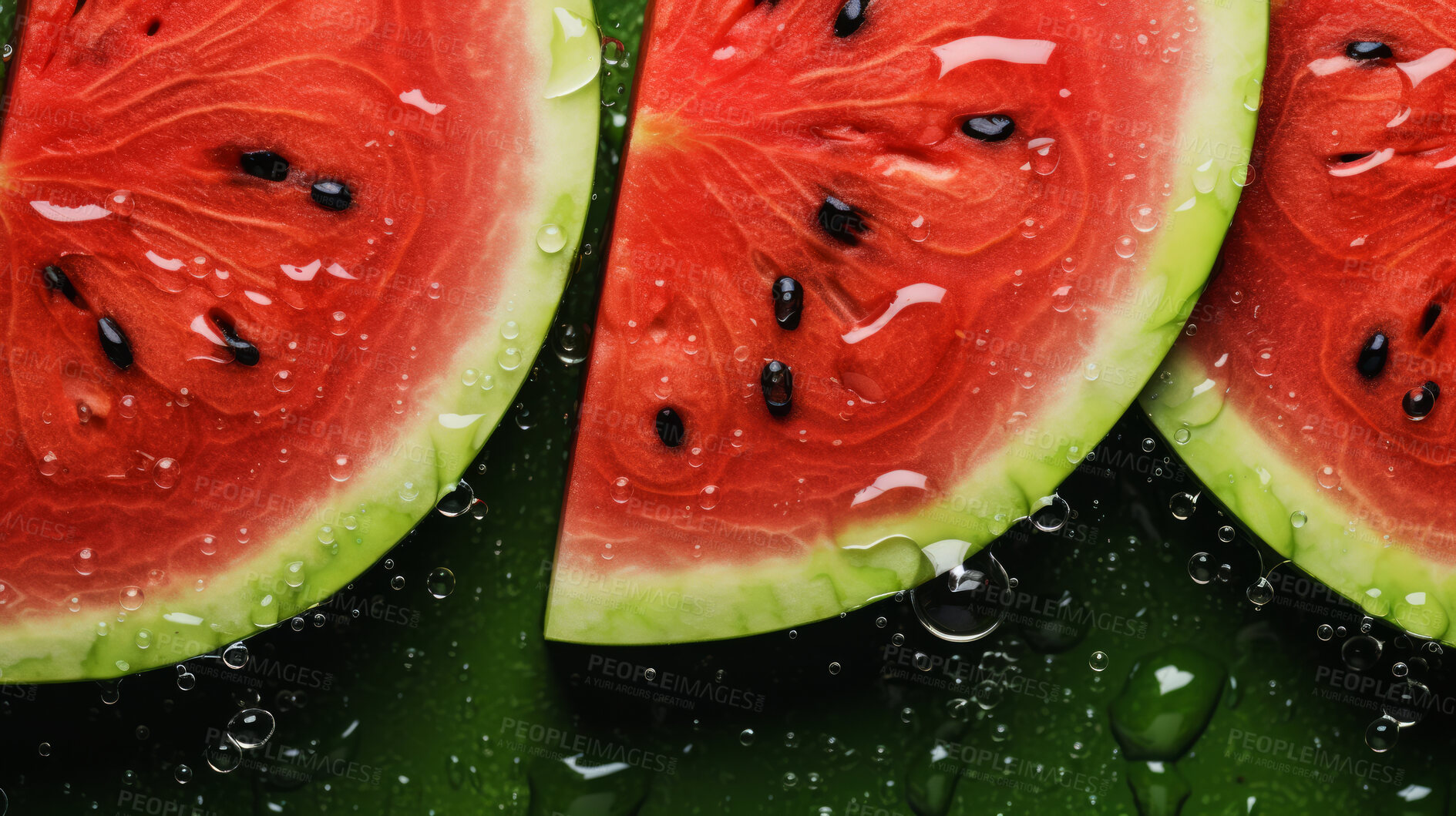 Buy stock photo Healthy, natural or watermelon fruit on a green background in studio for farming, produce and lifestyle. Fresh, summer food or sliced health mockup for eco farm, diet and agriculture with droplets