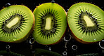 Healthy, natural or kiwi fruit on a black background in studio for farming, produce and lifestyle. Fresh, summer food or sliced health snack mockup for eco farm, diet and agriculture with droplets