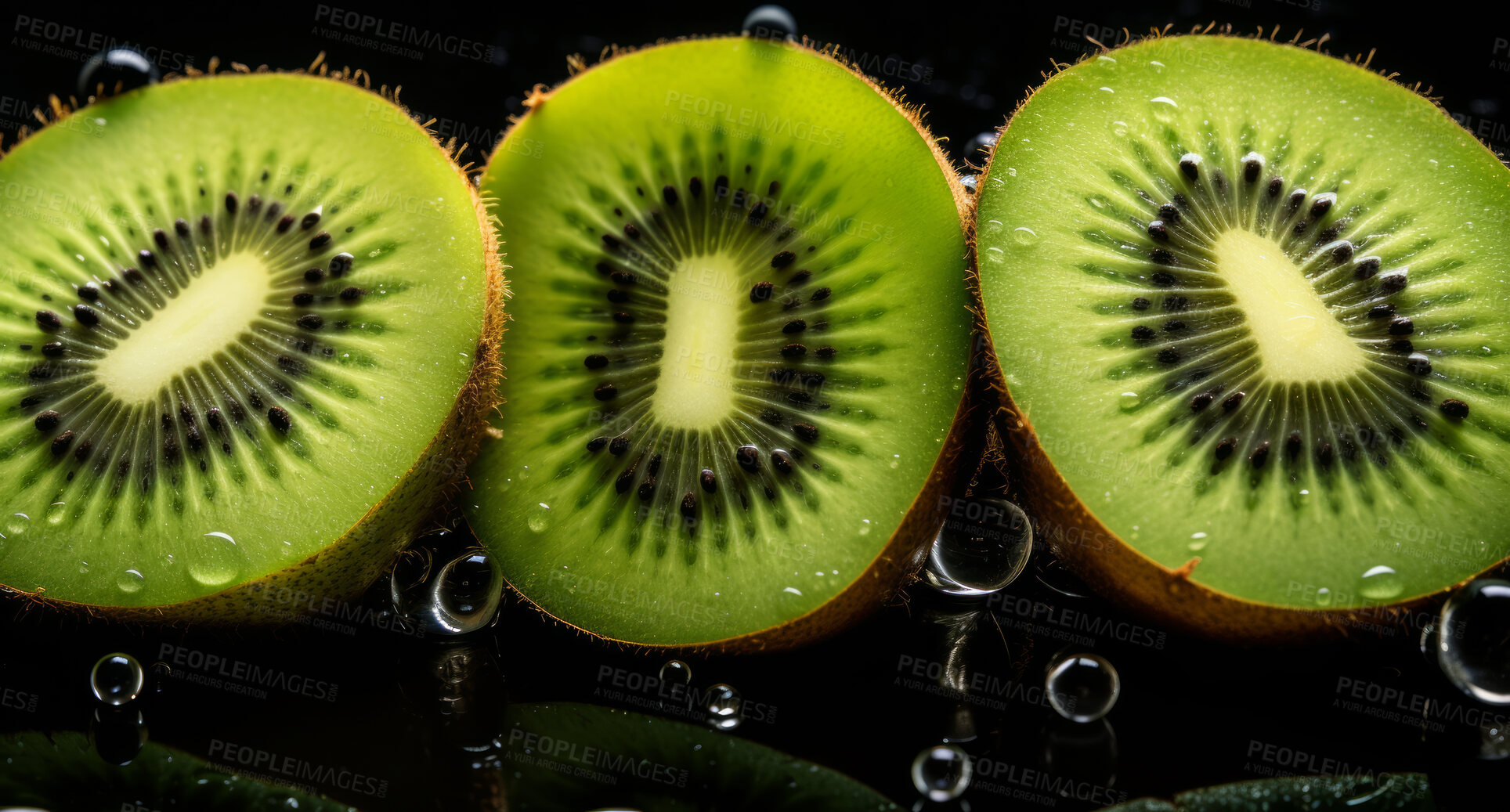 Buy stock photo Healthy, natural or kiwi fruit on a black background in studio for farming, produce and lifestyle. Fresh, summer food or sliced health snack mockup for eco farm, diet and agriculture with droplets