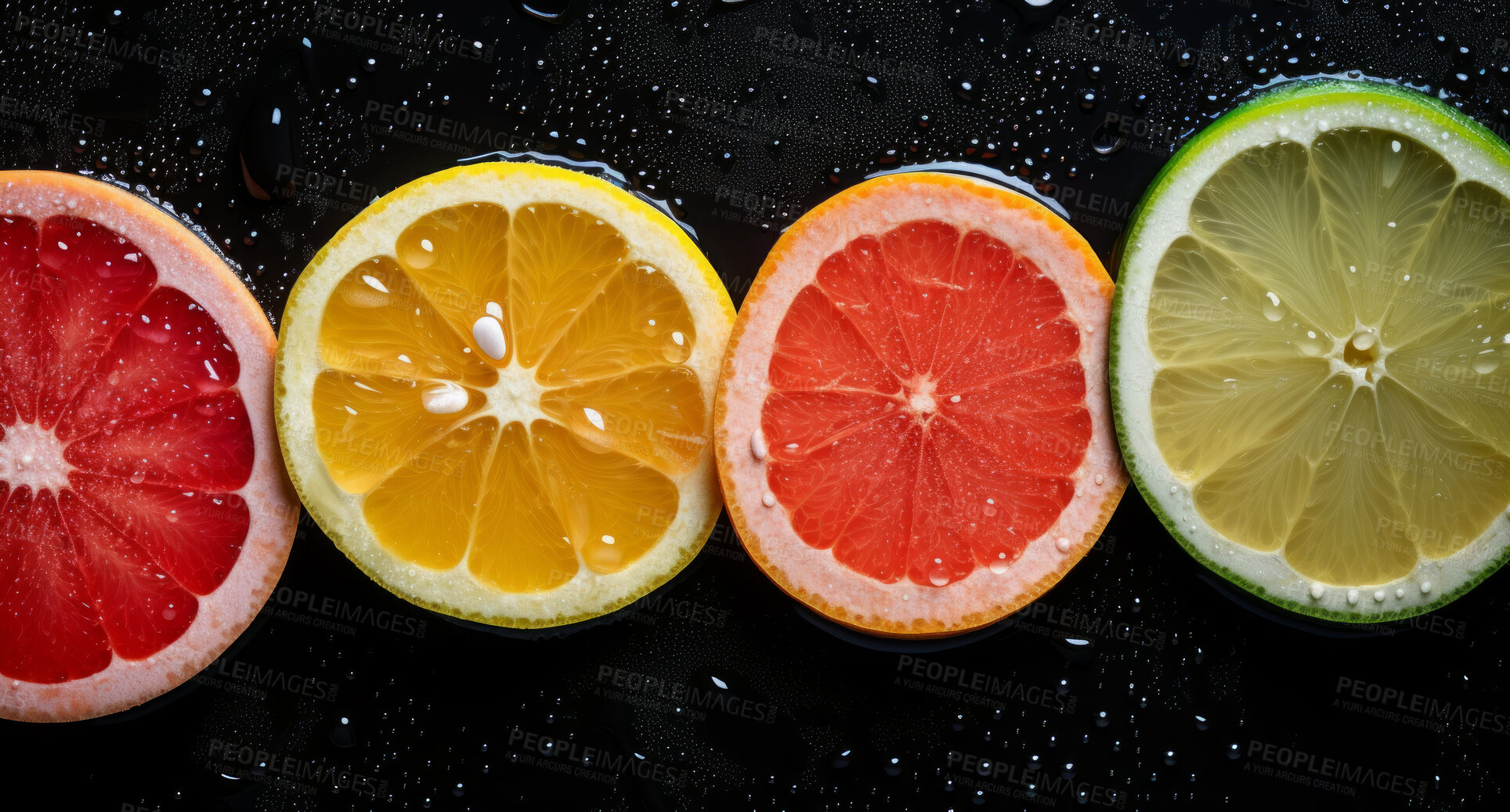 Buy stock photo Healthy, natural or citrus fruit on a black background in studio for farming, produce and lifestyle. Fresh, summer food or health snack mockup for eco farm, diet and agriculture with droplets