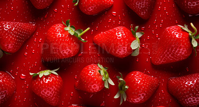 Healthy, natural or strawberry fruit on a red background in studio for farming, produce and lifestyle. Fresh, summer food or health snack mockup for eco farm, diet and agriculture with droplets