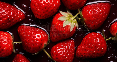 Healthy, natural or strawberry fruit on a black background in studio for farming, produce and lifestyle. Fresh, summer food or health snack mockup for eco farm, diet and agriculture with droplets