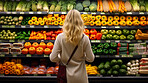 Customer, groceries and woman shopping fruit and vegetable produce for diet, wellness and lifestyle. Ingredients, blonde and female person looking at fresh harvest at local supermarket for nutrition