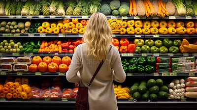 Customer, groceries and woman shopping fruit and vegetable produce for diet, wellness and lifestyle. Ingredients, blonde and female person looking at fresh harvest at local supermarket for nutrition