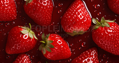 Healthy, natural or strawberry fruit on a red background in studio for farming, produce and lifestyle. Fresh, summer food or health snack mockup for eco farm, diet and agriculture with droplets