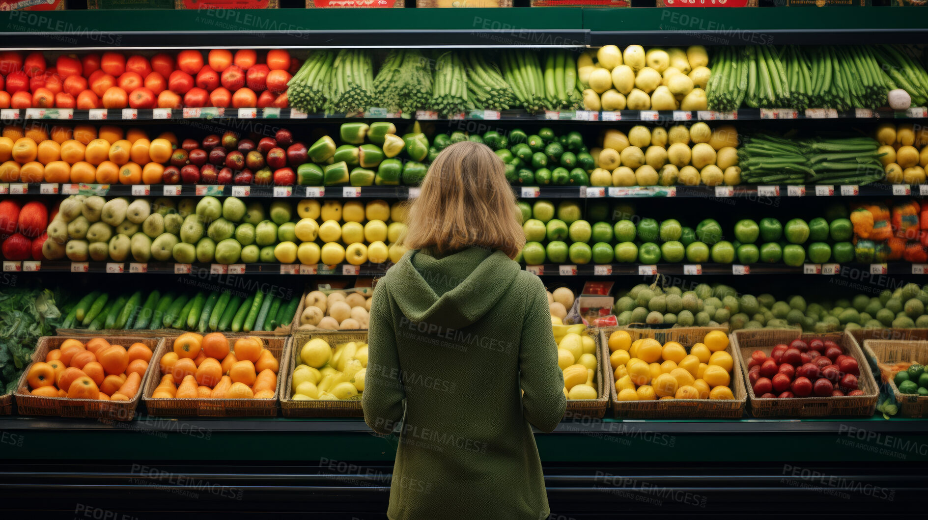 Buy stock photo Customer, groceries and woman shopping fruit and vegetable produce for diet, wellness and lifestyle. Ingredients, blonde and female person looking at fresh harvest at local supermarket for nutrition