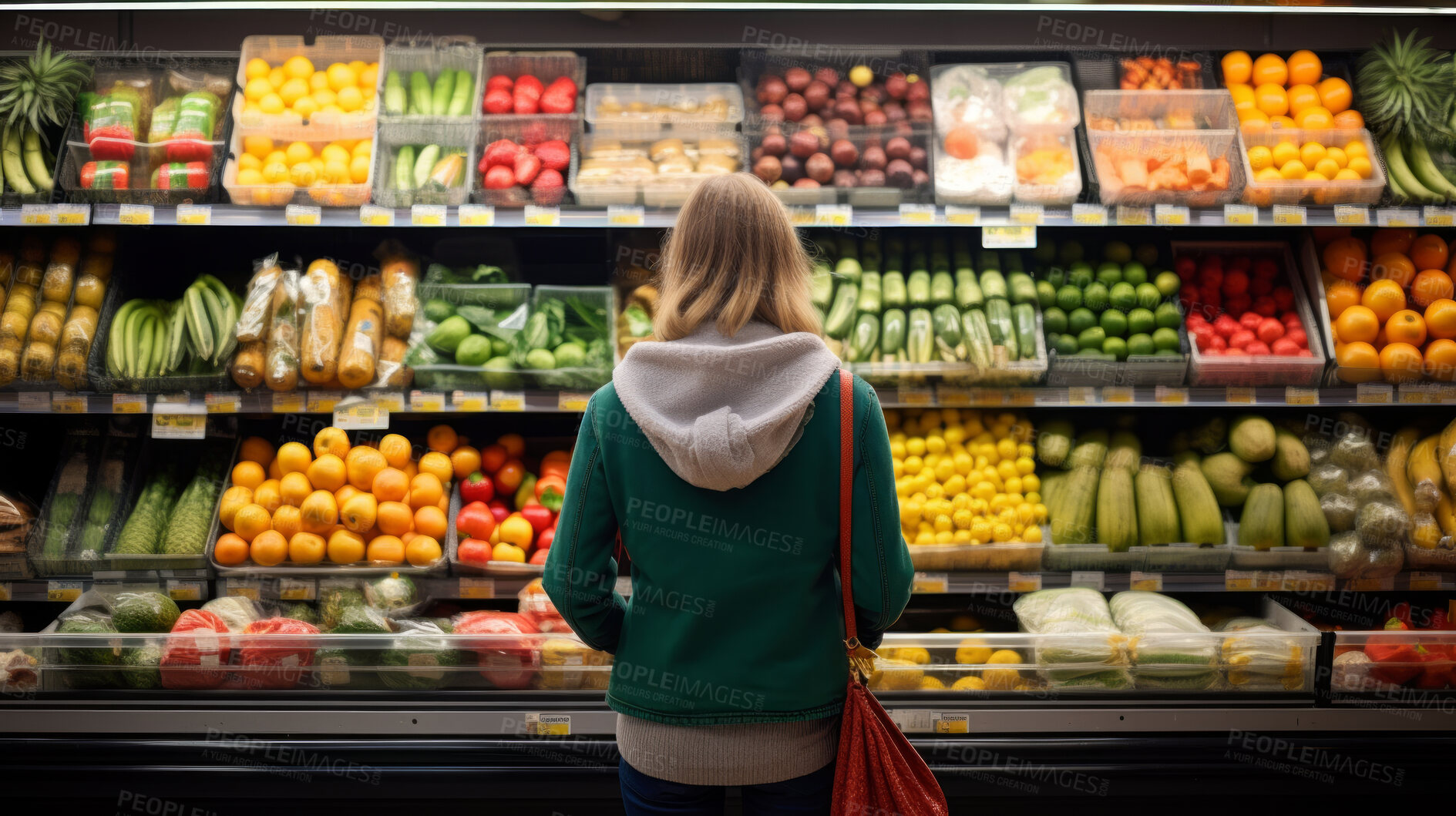 Buy stock photo Customer, groceries and woman shopping fruit and vegetable produce for diet, wellness and lifestyle. Ingredients, blonde and female person looking at fresh harvest at local supermarket for nutrition